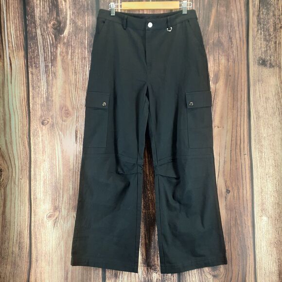 Princess Polly Fallout Black Mid Rise Flat Front Wide Leg Cargo Utility Pants 8 - Picture 1 of 9